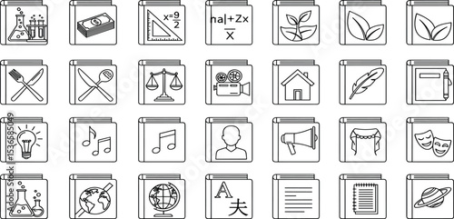 Books Vector Icon Set Adjustable Line Weight Science, math, music, literature, economics, geography, history, language, education, subject, textbook, syllabus, curriculum, student, learning icons.
