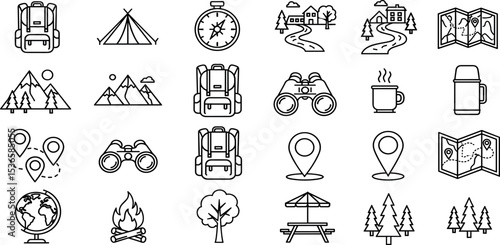 Hiking and Trail Vector Icon Set Adjustable Line Weight Backpack, compass, tent, forest, path, map, mountain, location, navigation, outdoor, campfire, travel icons.