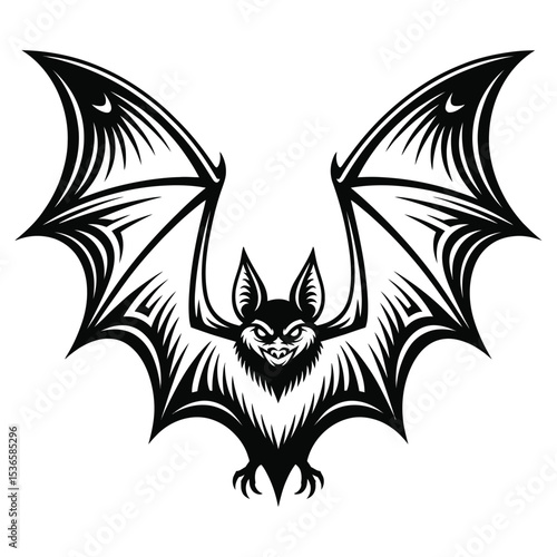 Stylized vector illustration of a winged bat in black and white with sharp lines and grinning face for halloween or tattoo design

