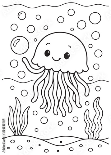 Coloring book jellyfish playing with a bubble underwater
