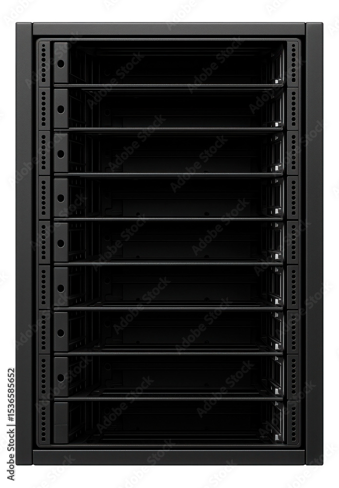 Black empty network server rack with multiple slots for hardware installation on transparent background. Black empty network server rack with multiple slots for hardware installation on transparent background.