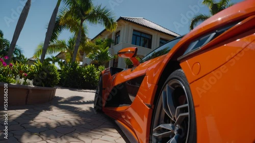 Luxury home exterior with palm trees and a modern sports car in bright sunlight at daytime