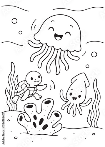 Coloring book jellyfish, turtle, and squid having fun underwater