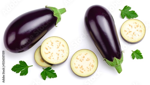 Eggplant slices and whole fruit