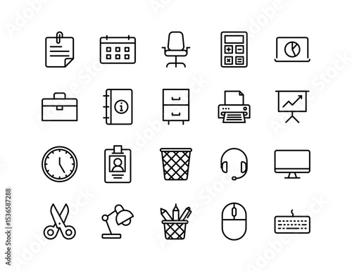 Office Vector Icon Set | Adjustable Line Weight | Desk, calendar, chart, calculator, printer, headset, computer, keyboard, scissors, lamp, ID badge, waste bin, mouse, desk chair, stationery, briefcase
