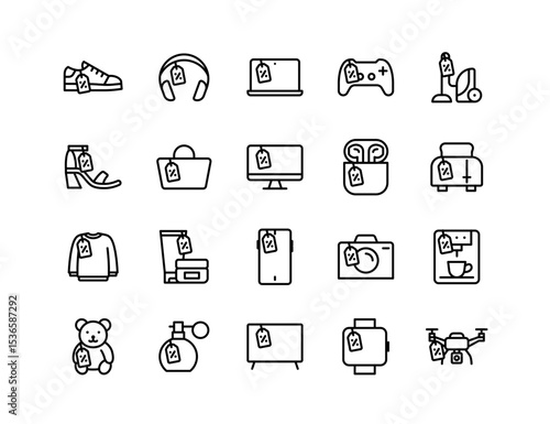 Black Friday Products Vector Icon Set | Adjustable Line Weight | Shopping, electronics, shoes, headphones, laptop, furniture, TV, perfume, smartwatch, toys, appliances, clothes, tech icons