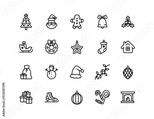 Christmas Holiday Vector Icon Set | Adjustable Line Weight | Tree, Santa, sleigh, snowman, gifts, fireplace, stocking, wreath, star, gingerbread, winter, candy, ornaments icons