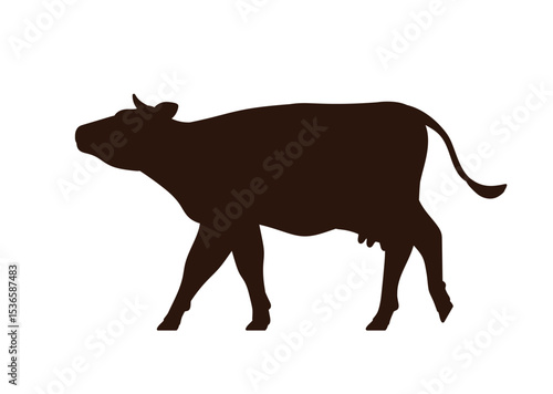 Cow, black silhouette in profile. Milk dairy farm animal walking, mooing, sid...