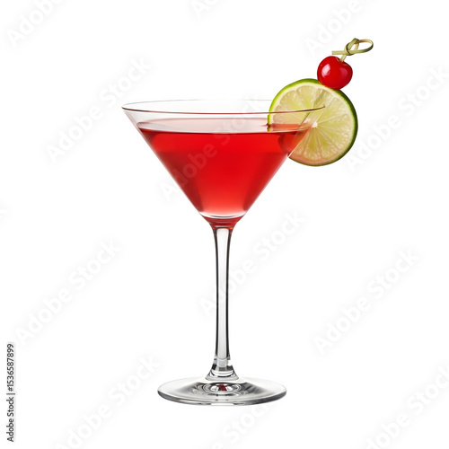 A vibrant Cosmopolitan cocktail garnished with a lime wedge and cherry a refreshing drink perfect for parties celebrations and summer enjoyment, transparent background
