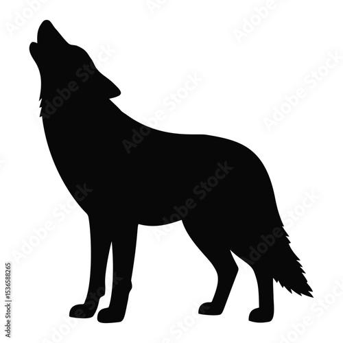 A dramatic black silhouette of a wolf howling, capturing the wild and primal essence of nature and wildlife in a striking design