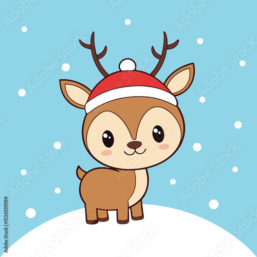 Adorable cartoon reindeer wearing a santa hat smiling amongst falling snowflakes for the holidays