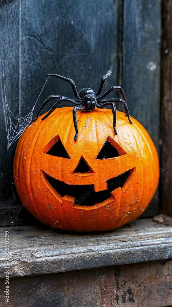 Spooky Halloween Jack-o'-lantern with Spider on Rustic Wooden Background Spooky Halloween Jack-o'-lantern with Spider on Rustic Wooden Background