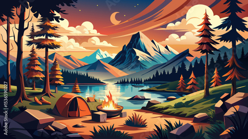 Scenic mountain lake campsite with campfire and surrounding forest landscape in vintage postcard style Very beautiful