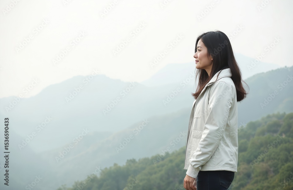Naklejka premium Young woman stands on a misty hilltop. Beautiful Asian female enjoys peaceful scenery, freedom. Panoramic view with mountains background. Portrait of adult, leisure activity, nature walk.