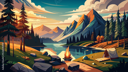 Scenic mountain lake campsite with campfire and surrounding forest landscape in vintage postcard style Very beautiful