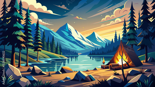 Scenic mountain lake campsite with campfire and surrounding forest landscape in vintage postcard style Very beautiful