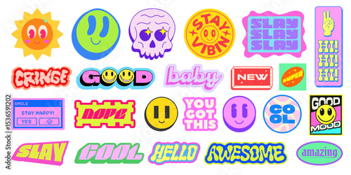Cool Y2k Stickers Vector Elements Set. Collection Of Funny Pop Art Patches. Groovy Graphics. Cute 2000s Badges.