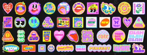 Cool Y2k Girly Stickers Vector Elements Set. Collection Of Funny Pop Art Patches. Groovy Graphics. Cute 2000s Badges