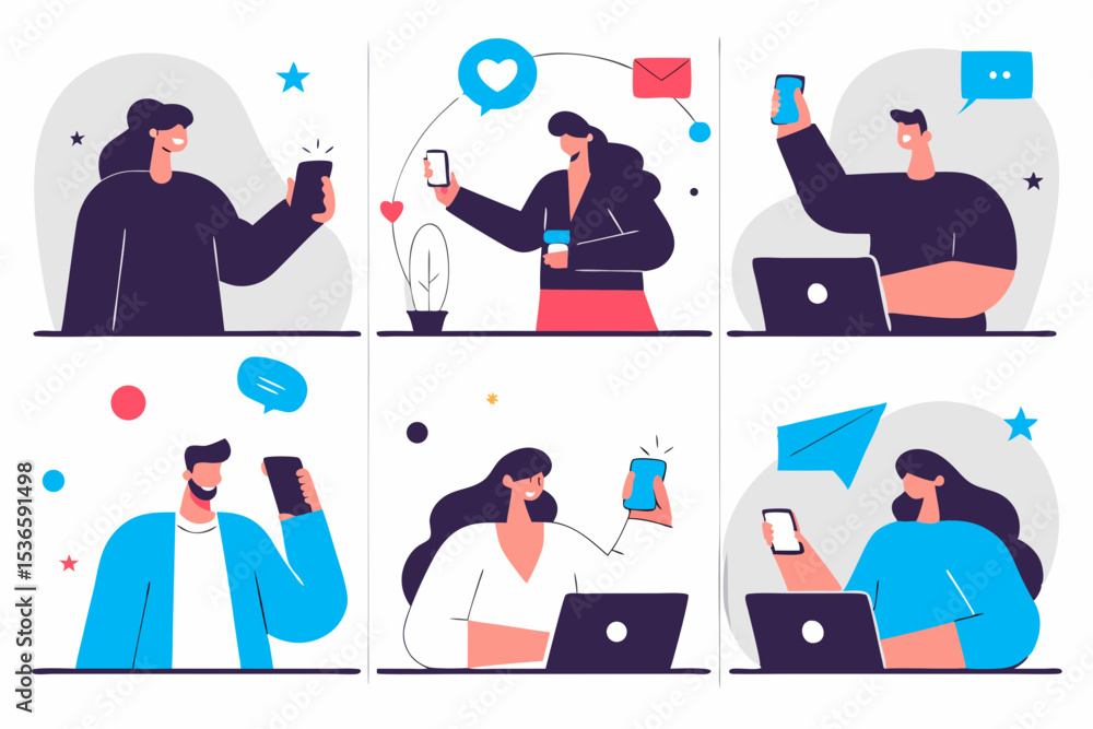 Fototapeta premium Social Media Marketing illustrations. 6 set. Collection of scenes with men and women taking part in business activities. Trendy vector style