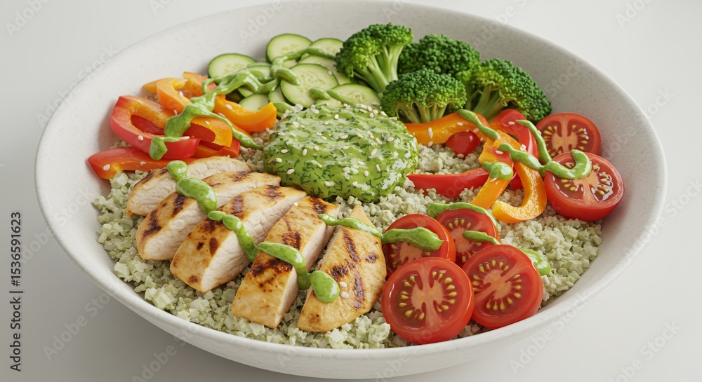 Healthy Chicken and Vegetable Rice Bowl with Green Sauce Healthy Chicken and Vegetable Rice Bowl with Green Sauce