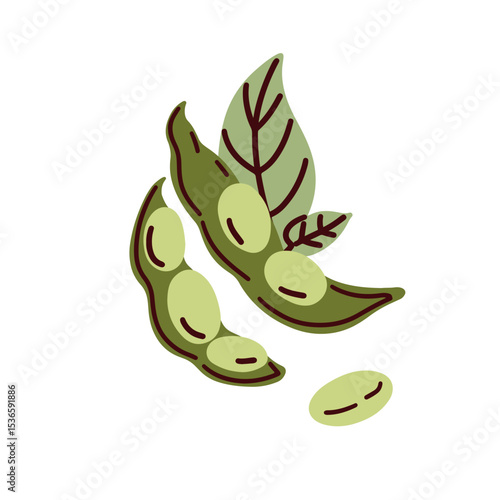 Soy beans in pods and leaf. Green soya legume vegetable. Asian soybean, vegan protein food ingredient. Healthy vegetarian diet. Natural nutrition. Flat vector illustration isolated on white background