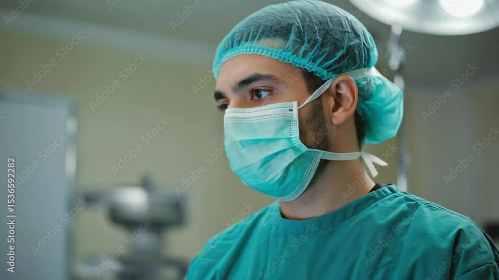 Surgeon Wearing Mask and Cap in Operating Room Surgeon Wearing Mask and Cap in Operating Room