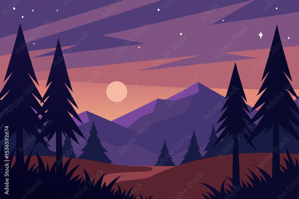 Fototapeta premium Winter night landscape vector with mountains, trees, and a starry sky