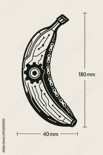 Futuristic symmetrical robot banana, uniquely designed.
For design, education, decoration, posters, futuristic NFTs, typography, and illustration assets.