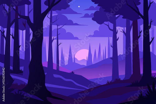 Horror night forest landscape with a spooky haunted house, scary trees, and bats flying against a dark, moonlit sky – a perfect Halloween vector illustration