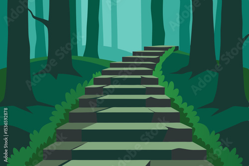 Ancient stone stairs ascend toward a stairway to the light, embodying a concept of success through architecture within an old building