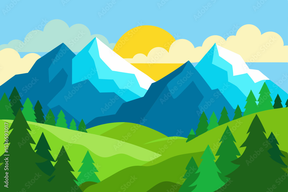 Naklejka premium Mountain landscape with green hills, a forest, and a sunrise view over misty valleys