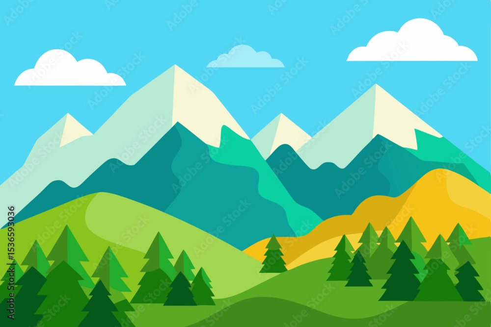 Naklejka premium Natural mountain landscape with green trees, blue sky, and white clouds