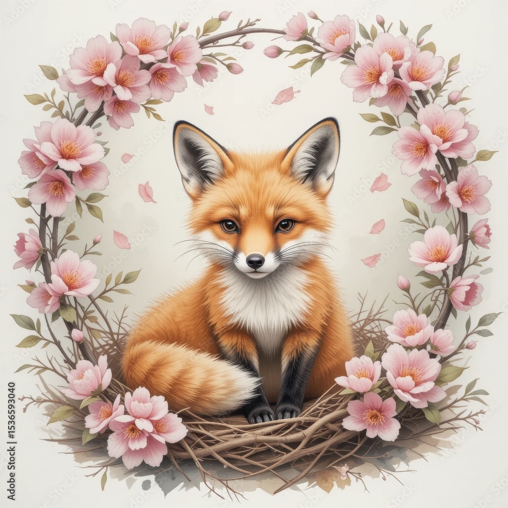 Fototapeta premium Vibrant Fox Surrounded by Delicate Pink Flowers in a Serene Spring Setting