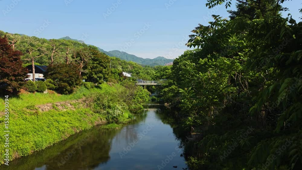 A beautiful, sunny day in Gwacheon, South Korea, where cars pass over a small bridge spanning the tranquil Yangjae Stream, surrounded by lush green foliage and distant hills. A beautiful, sunny day in Gwacheon, South Korea, where cars pass over a small bridge spanning the tranquil Yangjae Stream, surrounded by lush green foliage and distant hills.