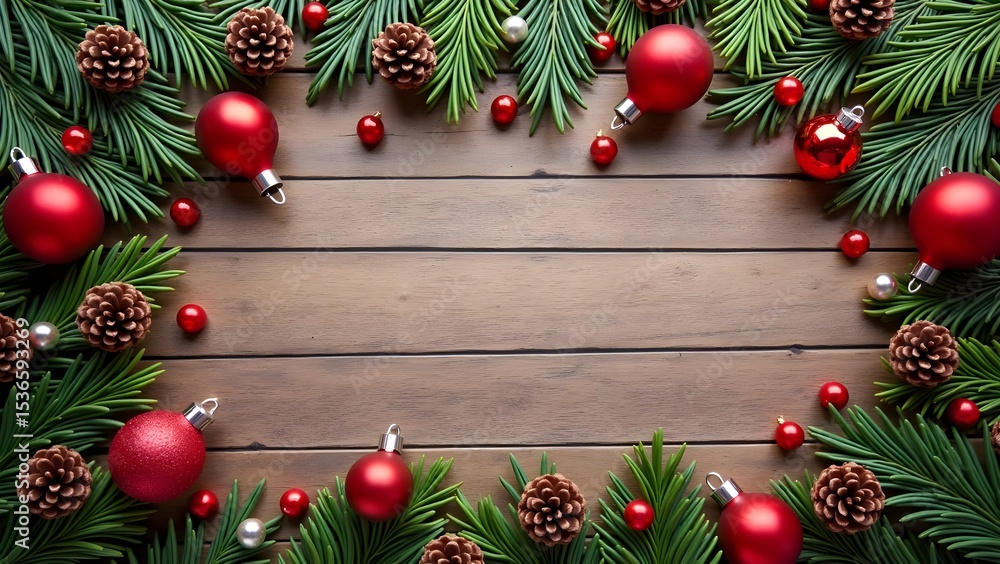Rustic Wooden Background with Christmas Ornaments and Pine Cones Rustic Wooden Background with Christmas Ornaments and Pine Cones