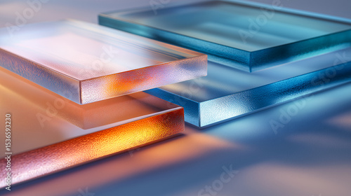 Abstract glass wall with iridescent reflections and layered textures, featuring modern architectural design elements and vibrant colors. Ideal for interior design or branding visuals.