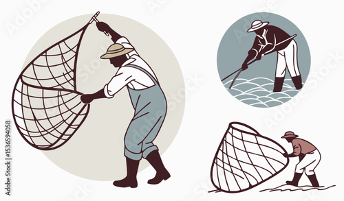 Fishing net icons set. Fishermen using different types of fishing nets, showcasing various net designs used in the fishing industry for efficient catches        