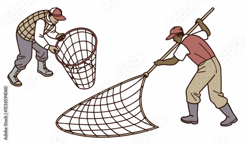 Fishing net icons set. Fishermen using different types of fishing nets, showcasing various net designs used in the fishing industry for efficient catches        
