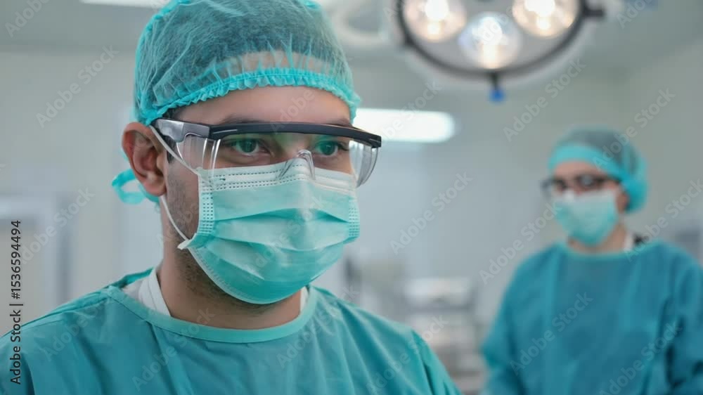 Focused Surgeon Wearing Mask and Goggles in Hospital Operating Room Focused Surgeon Wearing Mask and Goggles in Hospital Operating Room