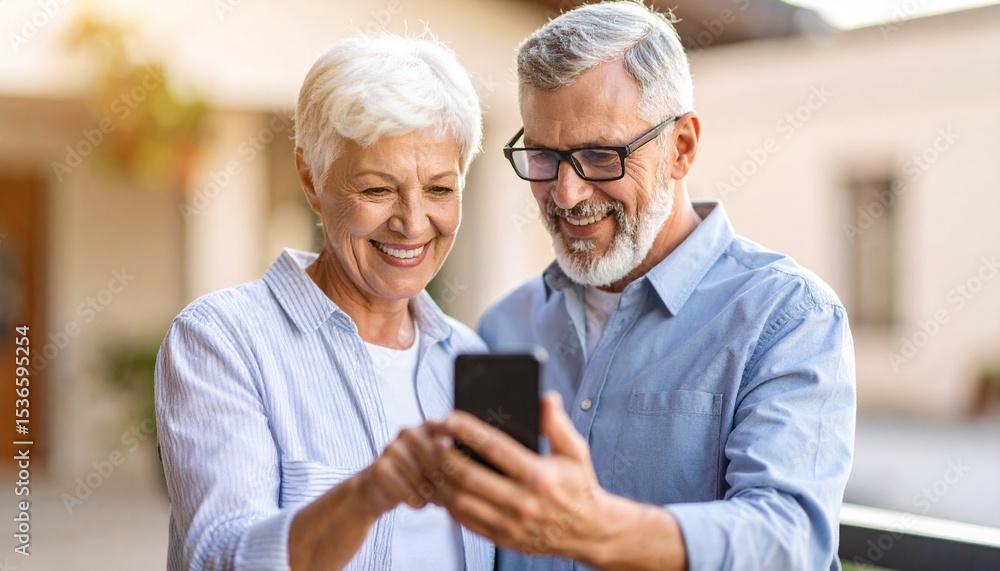 Elderly Man and Woman Exploring Technology. Laughing and looking at mobile phone together Elderly Man and Woman Exploring Technology. Laughing and looking at mobile phone together