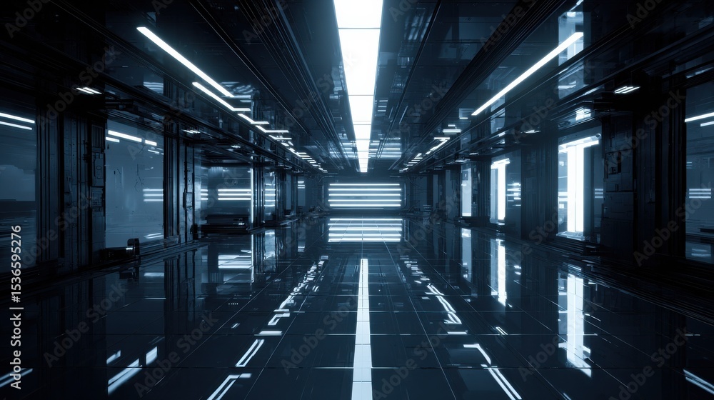 Fototapeta premium Futuristic Corridor With Glowing Lights, Showcasing Innovation and Technological Advancement in Engineering and Architecture, Ideal for Science Fiction Projects : Generative AI
