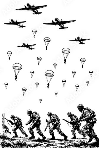 Paratroopers and Infantry Advance – WWII Black and White War Illustration