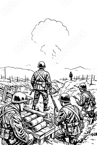 WWII Soldiers in Trench Preparing for Battle – Black and White War Illustration