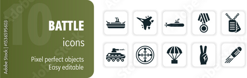 Set of military icons featuring armed forces equipment and symbols of war and peace