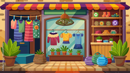 Cartoon clothing boutique storefront with colorful dresses, plants, lanterns and accessories displayed under a striped awning