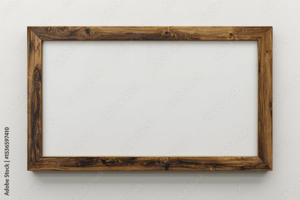 Fototapeta premium Empty Wooden Frame on White Wall, Ideal for Mockups and Showcasing Art or Photography for Interior Design and Home Decor Projects : Generative AI