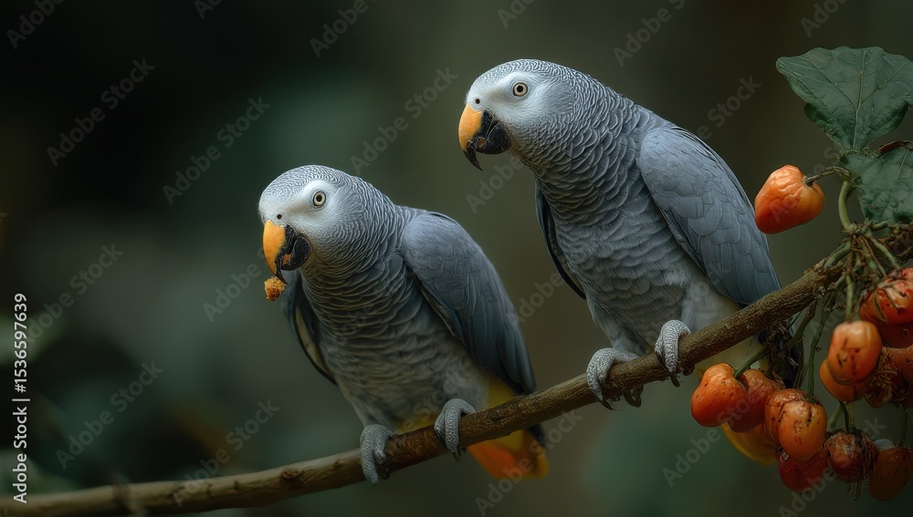 Obraz premium Two African Grey Parrots Perched on a Branch Eating Fruit, Symbolizing Exotic Wildlife and Conservation Efforts : Generative AI