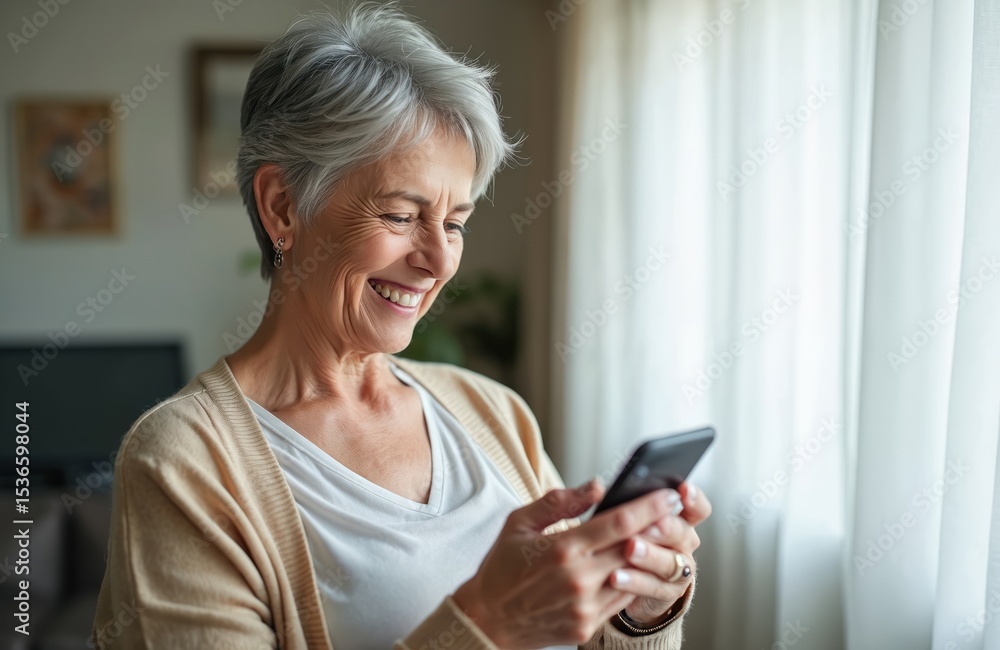Smiling senior woman with grey hair using smartphone, looking at screen. Elderly female holding mobile device, happy facial expression. Modern tech in hands, communicates, stays connected at home. Smiling senior woman with grey hair using smartphone, looking at screen. Elderly female holding mobile device, happy facial expression. Modern tech in hands, communicates, stays connected at home.
