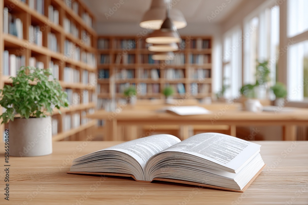 Open Book on Wooden Table in Library Setting, Representing Education, Lifelong Learning, and Personal Development : Generative AI Open Book on Wooden Table in Library Setting, Representing Education, Lifelong Learning, and Personal Development : Generative AI