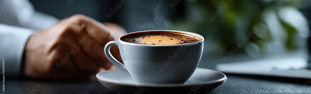 Obraz premium Steaming cup of coffee on a desk in an office environment, providing a sense of warmth and relaxation during a busy workday
